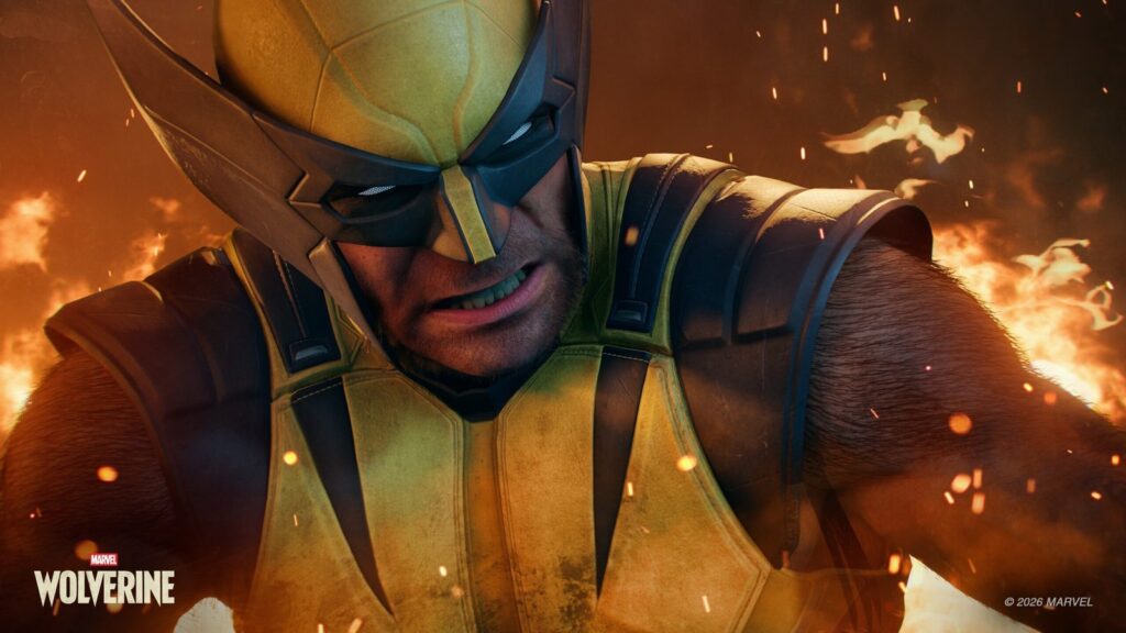 Official Marvel’s Wolverine gameplay image showing Wolverine in his yellow-and-blue suit surrounded by flames