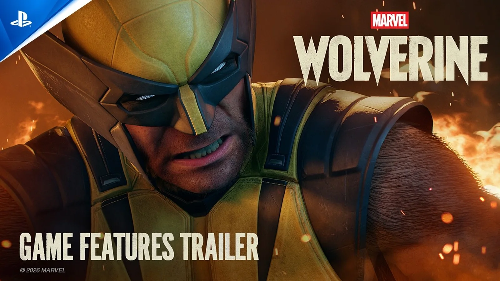 Official Marvel’s Wolverine gameplay image showing Wolverine in his yellow-and-blue suit surrounded by flames