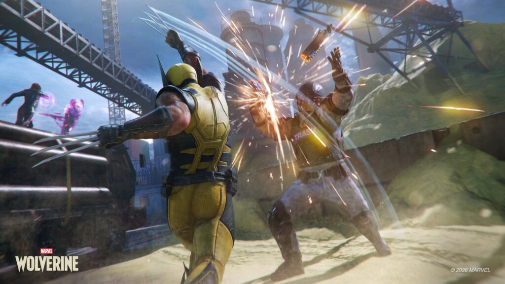 Insomniac Says Marvel’s Wolverine Has No AI-Generated Assets Wolverine slashing upward through a Trask soldier’s weapon while Jean Grey fights in the background