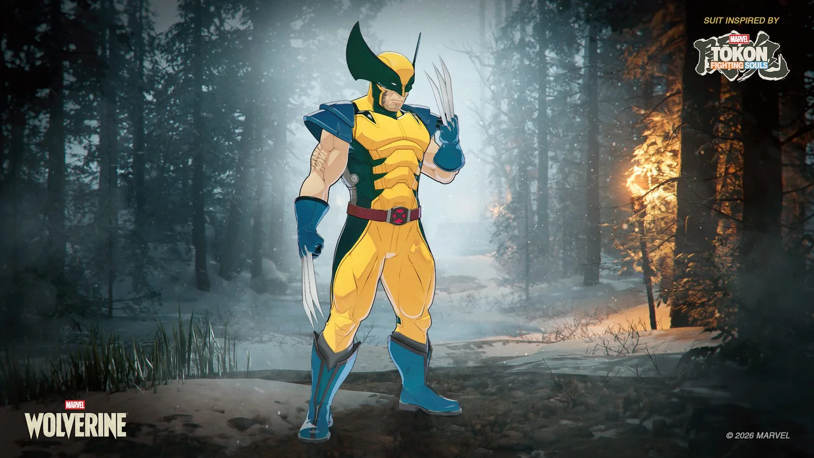 Official Marvel’s Wolverine promotional artwork showing Logan wearing the MARVEL Tōkon-inspired suit in a snowy forest