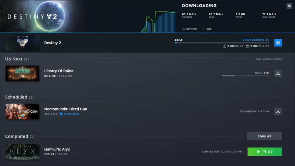 Official Steam client Downloads page showing the Steam interface and game library content