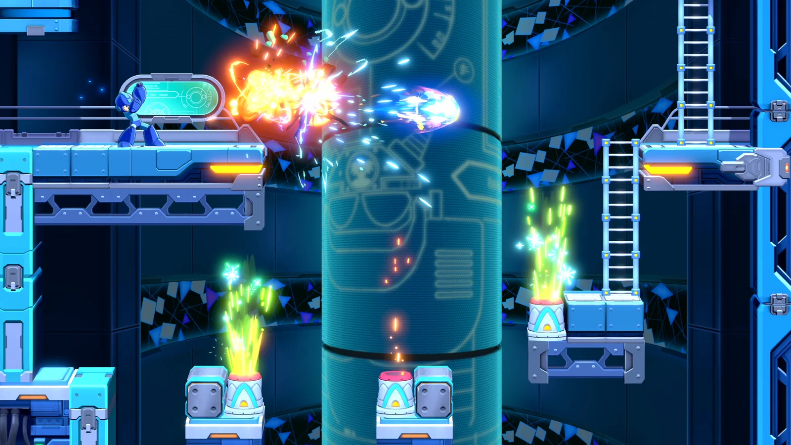Mega Man firing a large charged energy blast during Dual Override gameplay