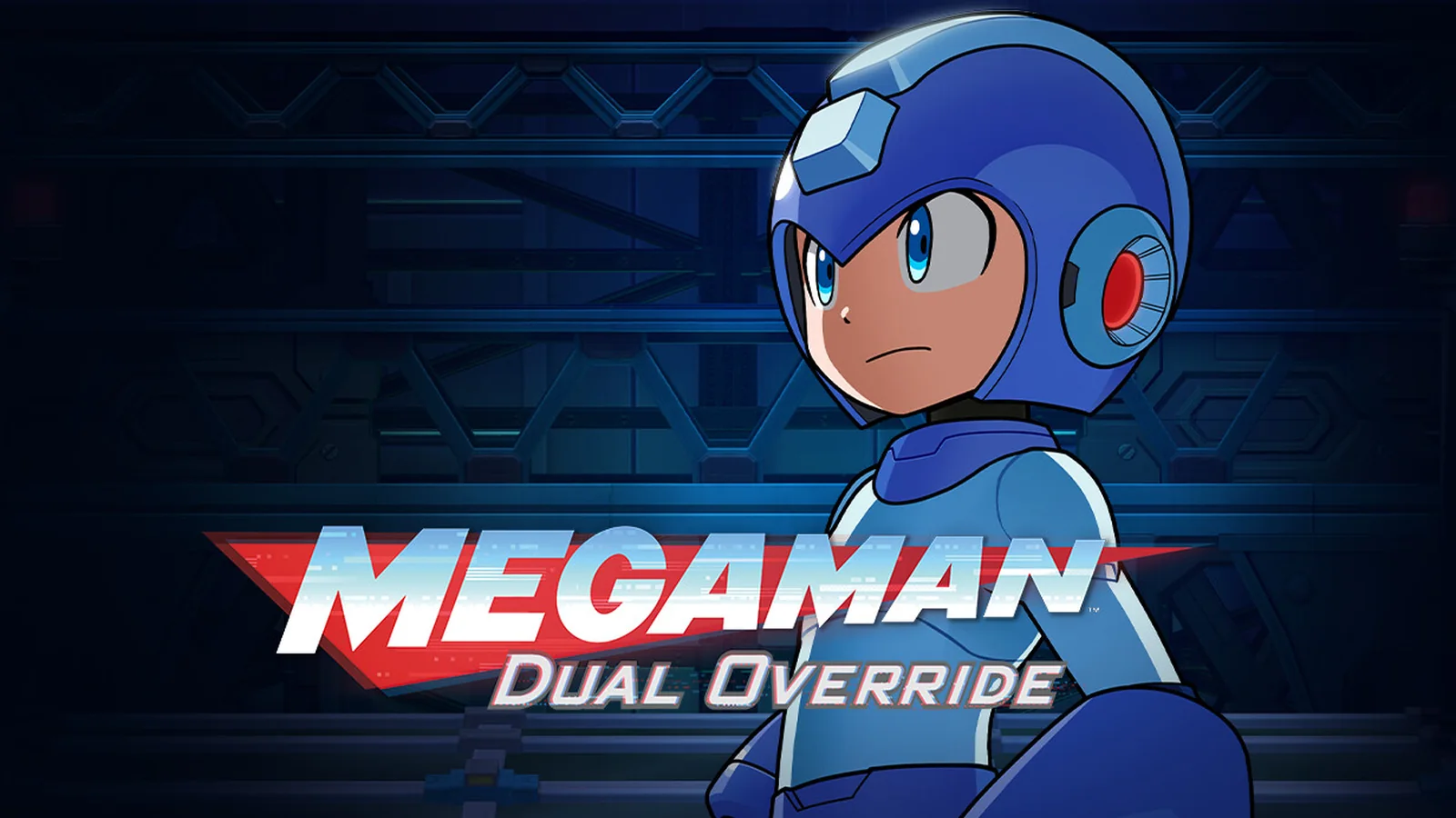 Official Mega Man: Dual Override key art featuring Mega Man and Proto Man