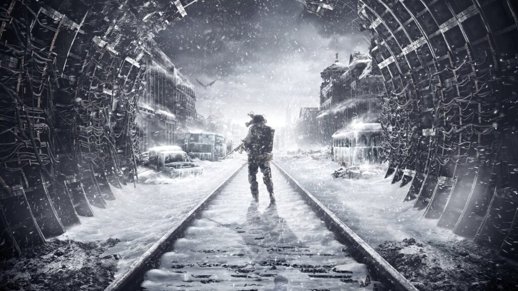 Metro Multiplayer Project Reportedly Pulled From Saber Latam Official Metro Exodus key art showing a lone survivor standing on snowy railway tracks beneath a ruined Moscow tunnel