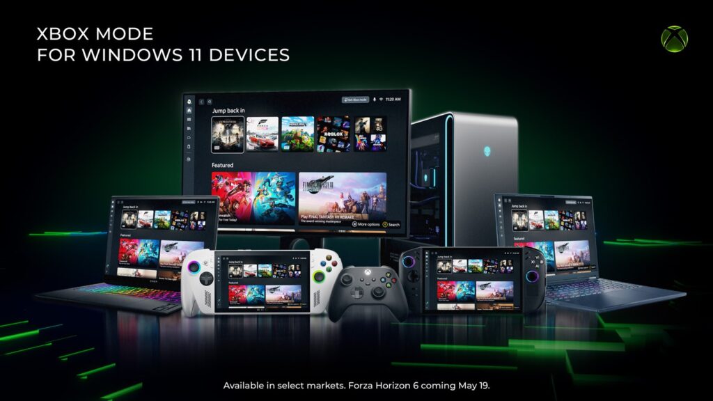 Official Xbox Mode promotional image showing Xbox gaming across desktop PCs, laptops and handheld devices