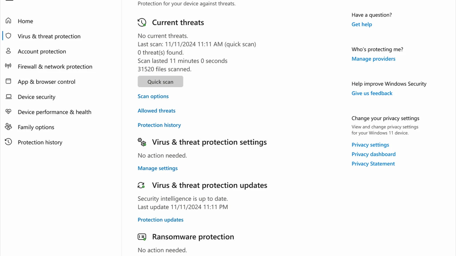 Official Windows Security Virus & threat protection screen showing Microsoft Defender Antivirus status, scan options and