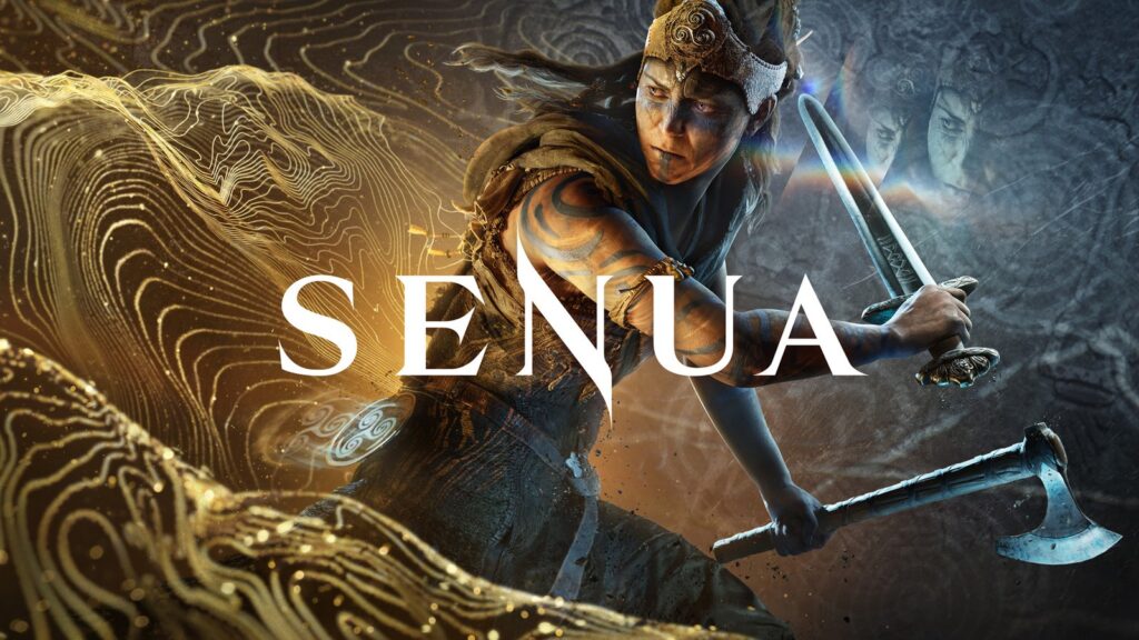 Senua key art for Ninja Theory's upcoming 2027 action-adventure, showing her wielding a sword and axe against a
