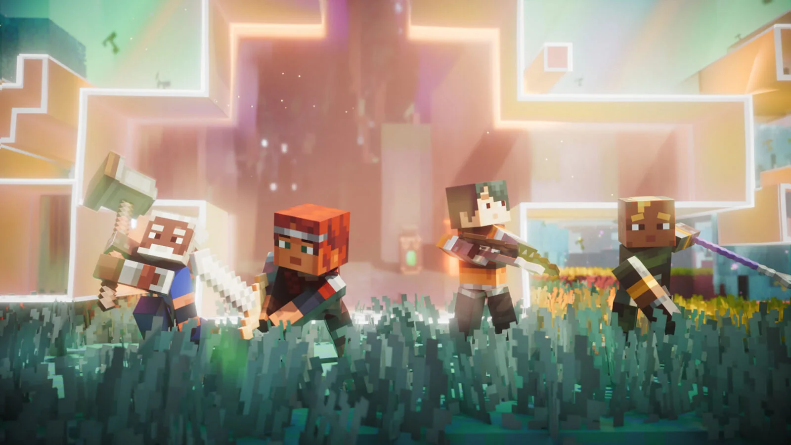 Minecraft Dungeons II gameplay scene set in The Sift, with a character fighting through the dimension's vibrant terrain