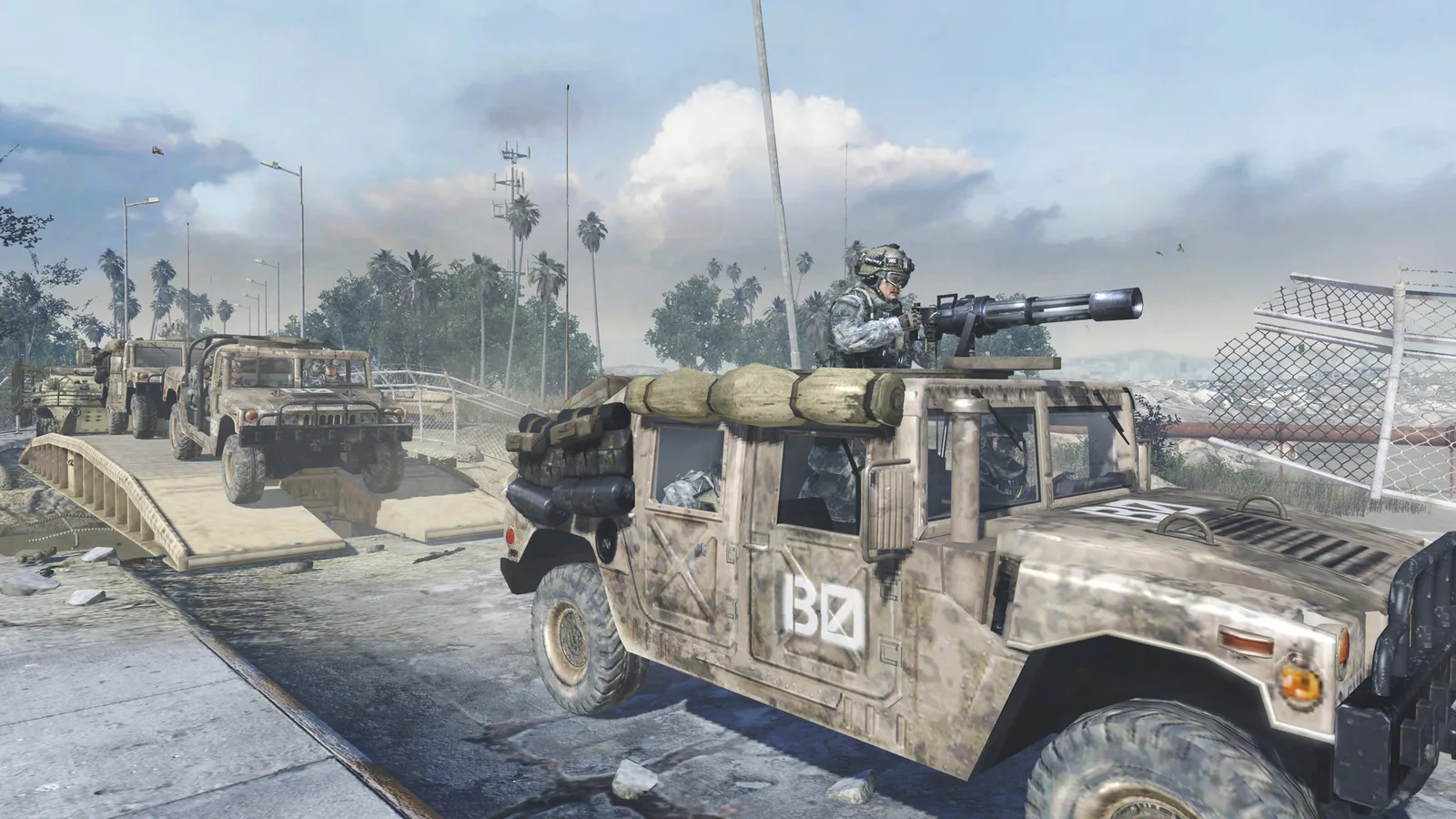 Official Modern Warfare 2 (2009) screenshot showing a squad of soldiers riding in a small military boat during a combat