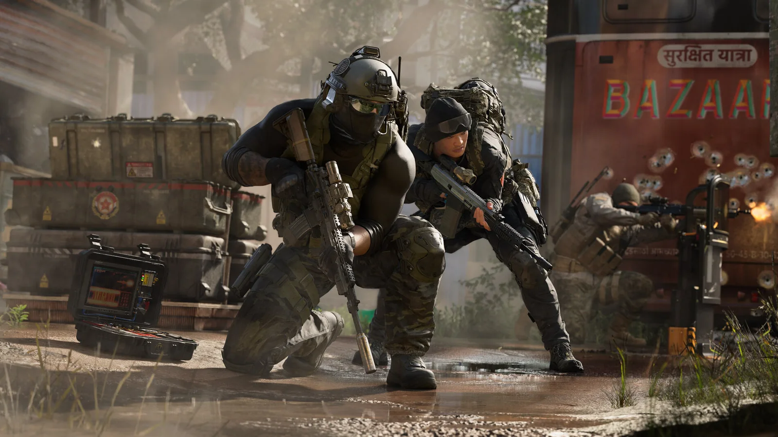 Official Modern Warfare 4 multiplayer screenshot showing operators moving through the Transit map