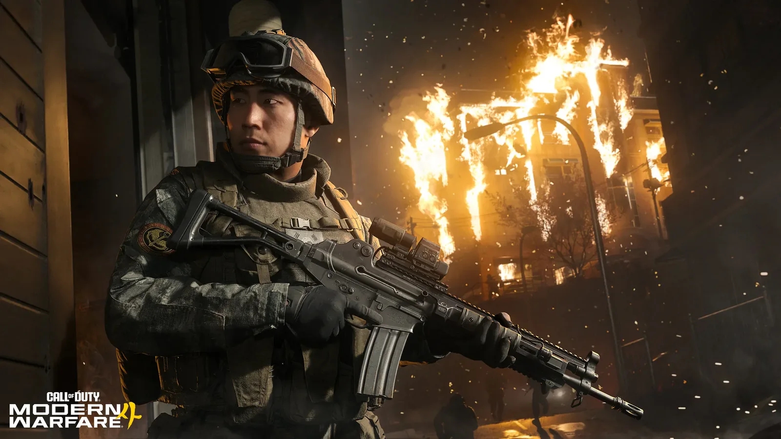 Official Modern Warfare 4 campaign screenshot showing Private Park in front of a burning urban area