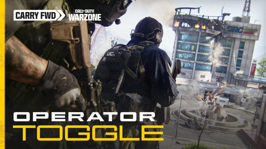 Two armed operators overlook a damaged industrial complex beneath the “Operator Skin Toggle” title treatment