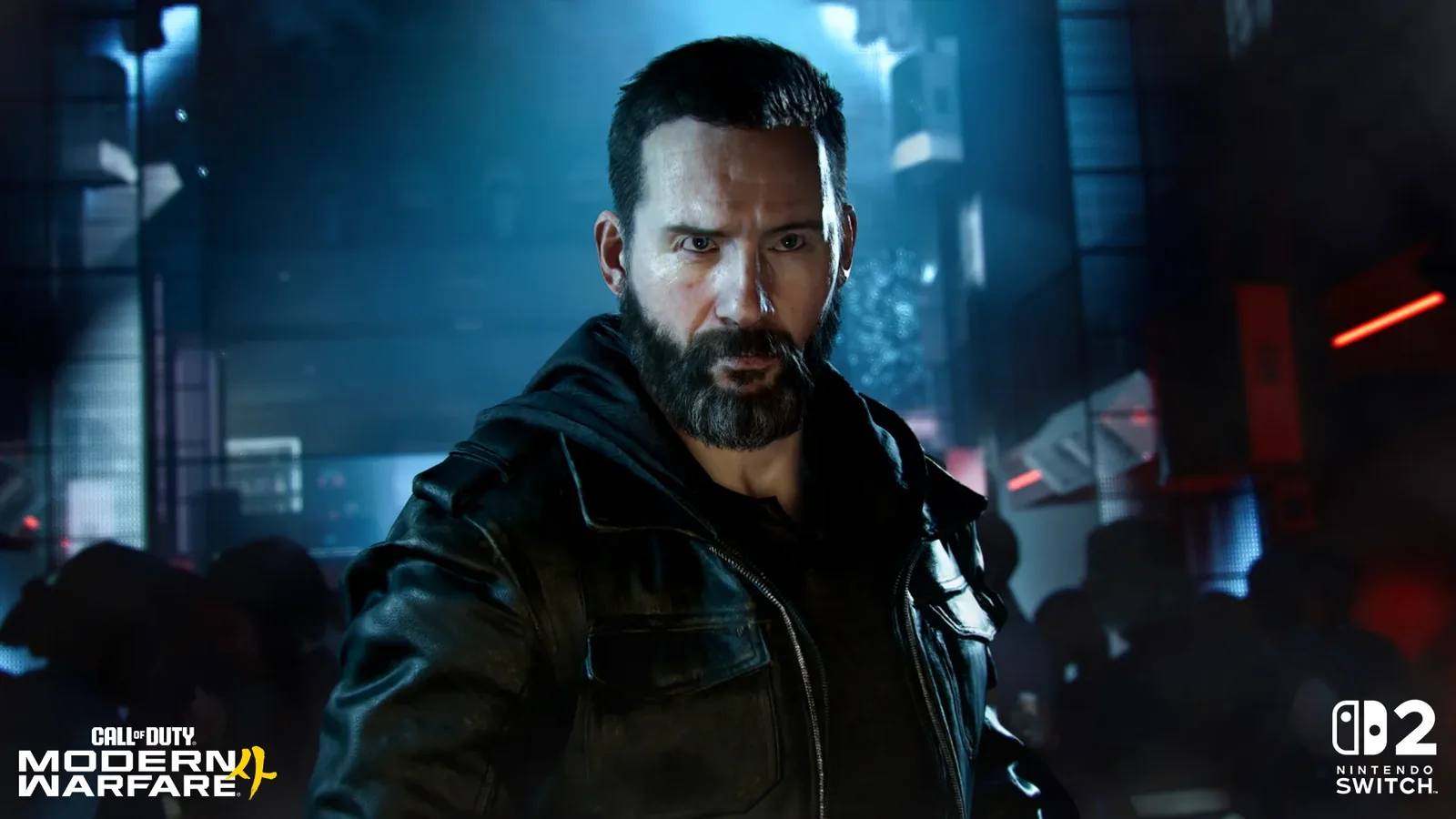 Captain Price stands in a blue-lit urban setting wearing a dark tactical jacket