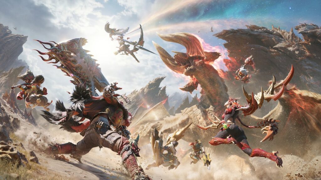 Hunters battle a massive monster across a bright, rocky landscape