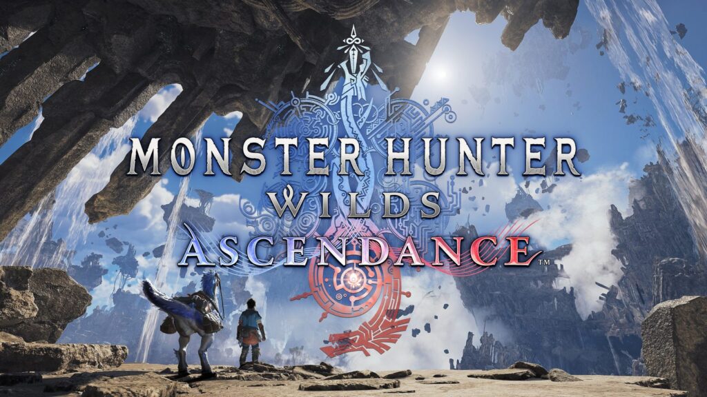 Official Ascendance gameplay scene showing a hunter confronting a flying monster amid bright floating ruins