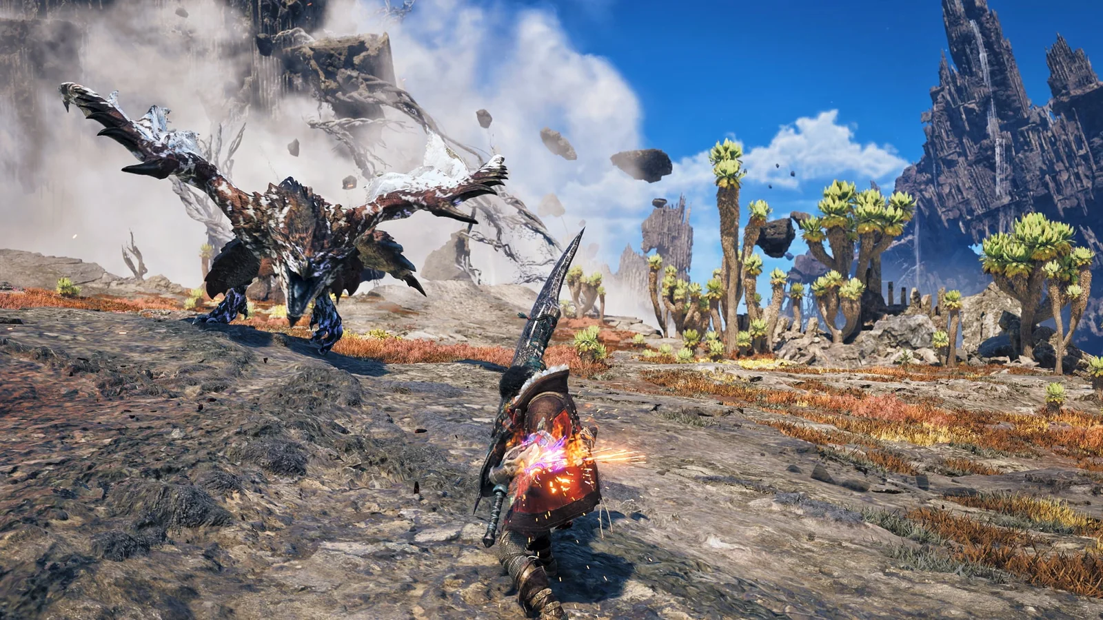 Official Ascendance gameplay screenshot showing a hunter charging toward a large wyvern-like monster in the new