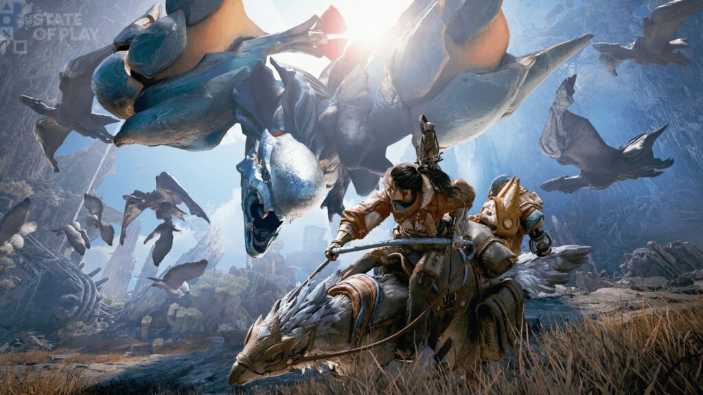 Monster Hunter Wilds: Ascendance Reveals New Monsters and Sky Locale Official Monster Hunter Wilds: Ascendance key art showing hunters beneath a colossal monster in the newly revealed