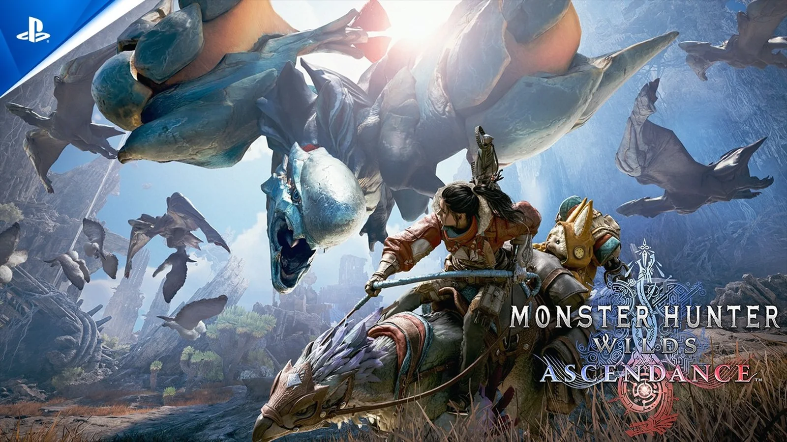 Official Monster Hunter Wilds: Ascendance key art showing hunters beneath a colossal monster in the newly revealed