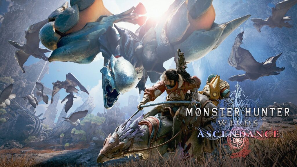 Monster Hunter Wilds: Ascendance Details Sword & Shield Boosted Actions Official Monster Hunter Wilds: Ascendance teaser art showing a hunter riding a Seikret beneath flying monsters