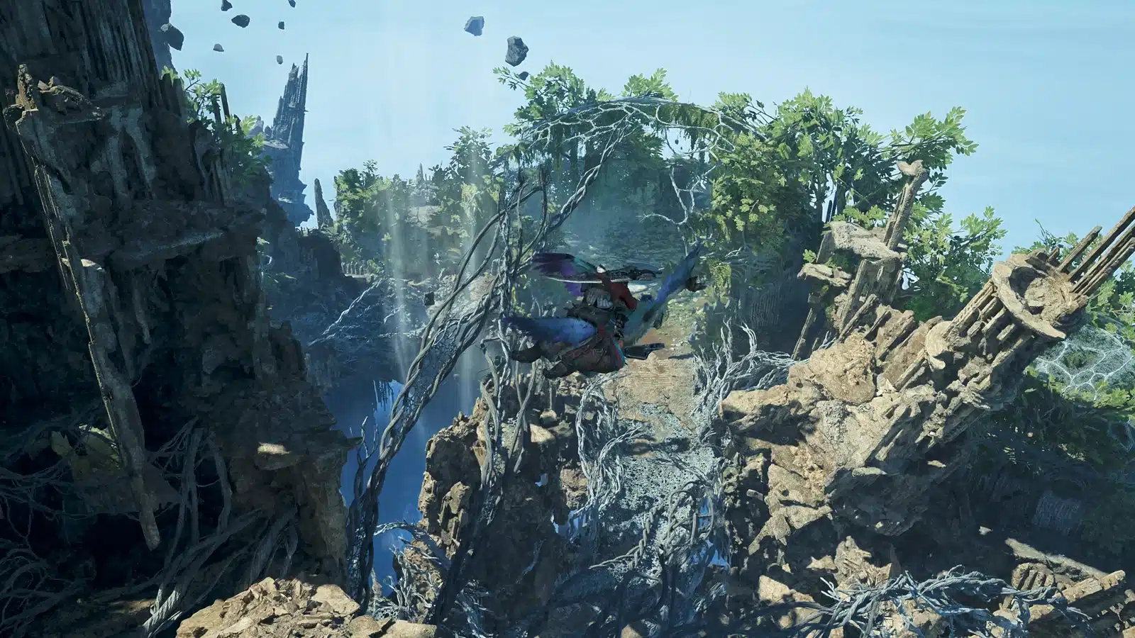 Official Ascendance screenshot showing a hunter riding through the floating ruins of the Skybound Eyrie
