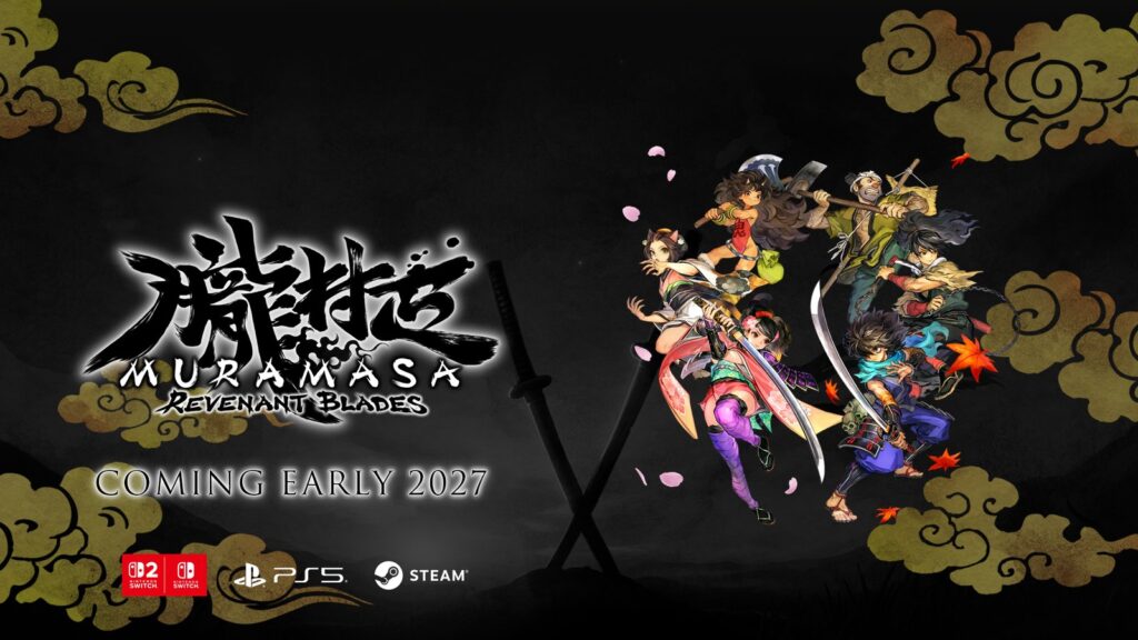 Official Muramasa: Revenant Blades key art showing all six playable protagonists against a black and gold backdrop