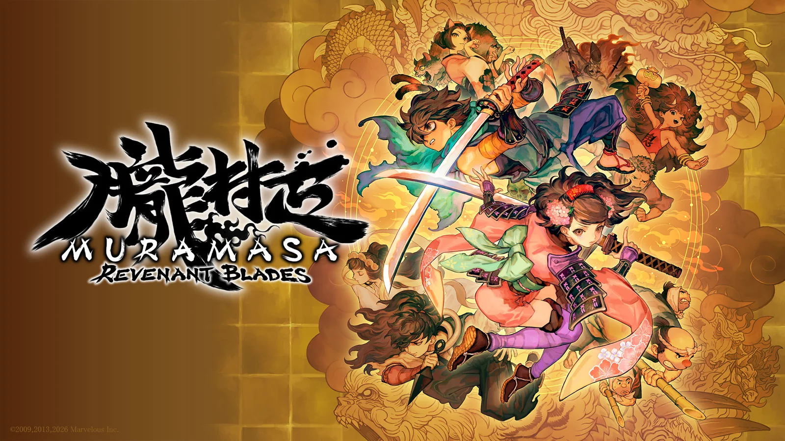 Official Muramasa: Revenant Blades key art showing all six playable protagonists against a black and gold backdrop