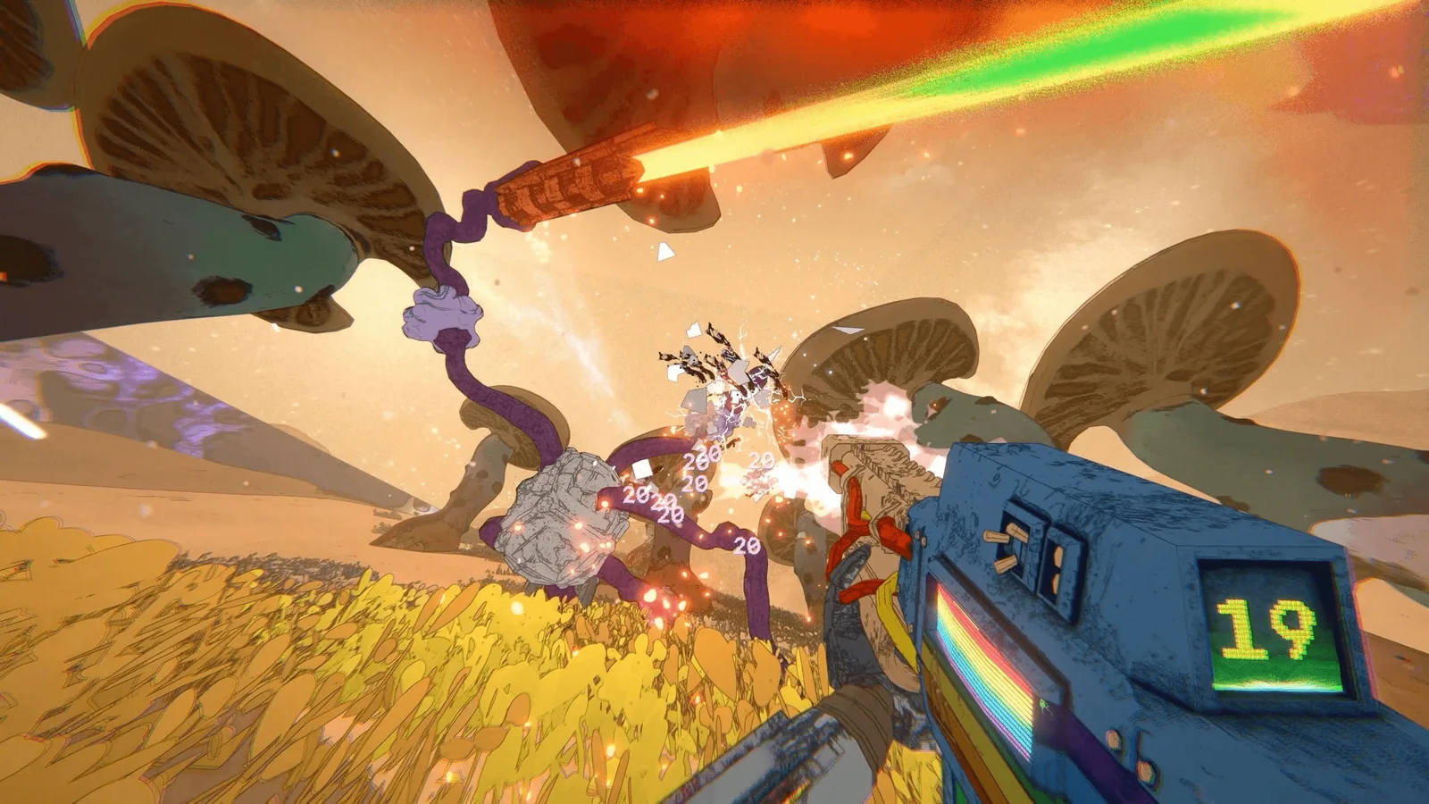 Official Mycopunk screenshot showing large fungal growths and combat in a bright alien landscape