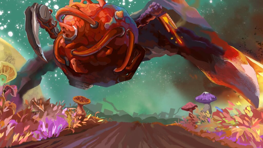 Official Mycopunk promotional artwork showing a large orange robotic creature flying over a colorful fungal landscape