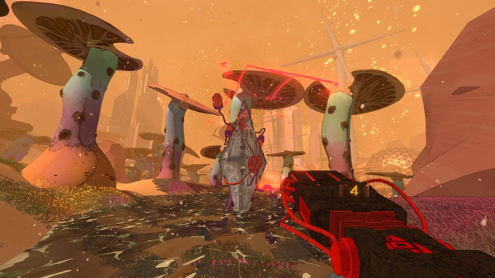 Gameplay screenshot showing a player aiming at a towering fungal enemy in an orange alien environment filled with giant