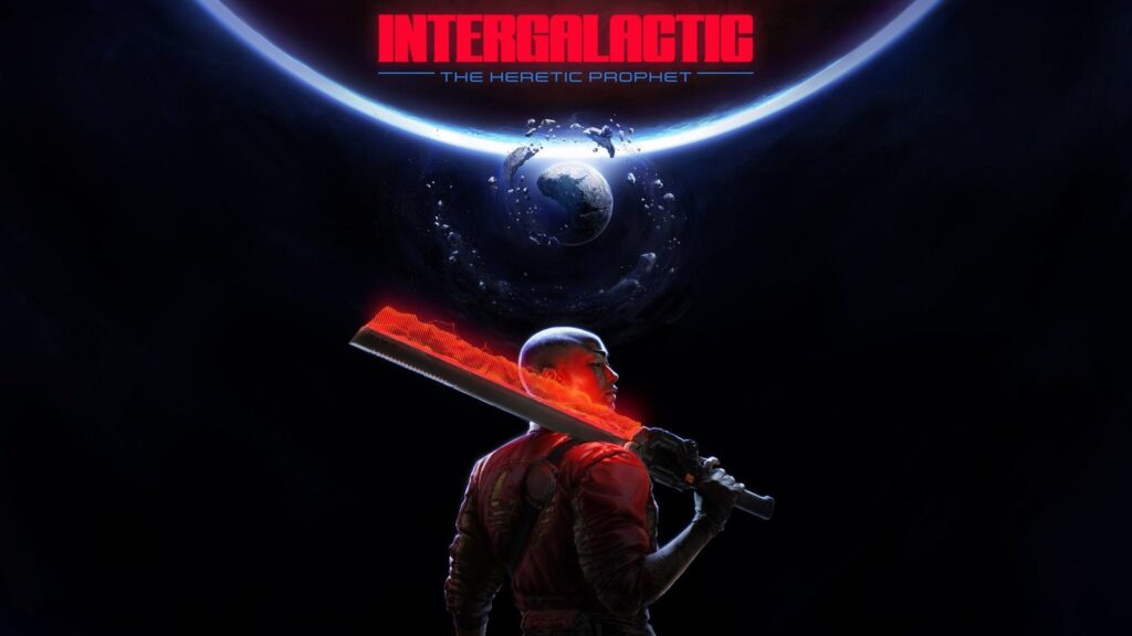Jordan A. Mun standing beneath a massive red planet while holding her distinctive red-bladed weapon