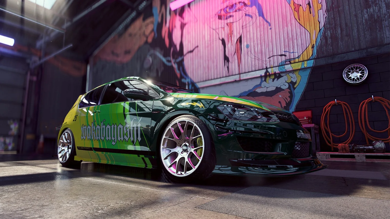 Official Need for Speed Heat screenshot showing a customized BMW parked inside the game's garage