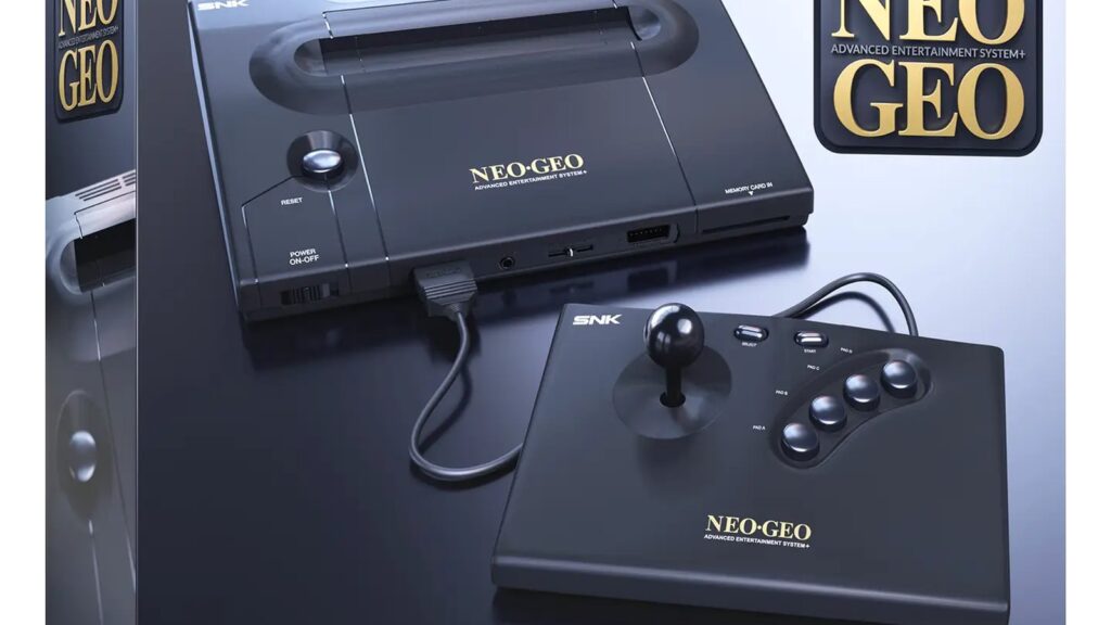 Neo Geo AES+ Delayed to September 2027 Over Component Shortages Official Neo Geo AES+ product image showing the console and wired arcade stick alongside the retail packaging