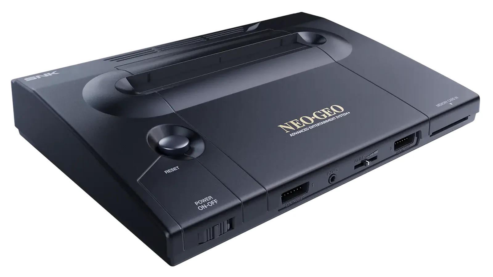 Official NEOGEO AES+ product image showing the black console, wired arcade stick and retail box