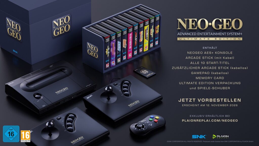 NeoGeo AES+ Was Nearly Canceled Over Component Crisis NeoGeo AES+ Ultimate Edition arranged with the console, two arcade controllers, wireless gamepad and cartridge rack