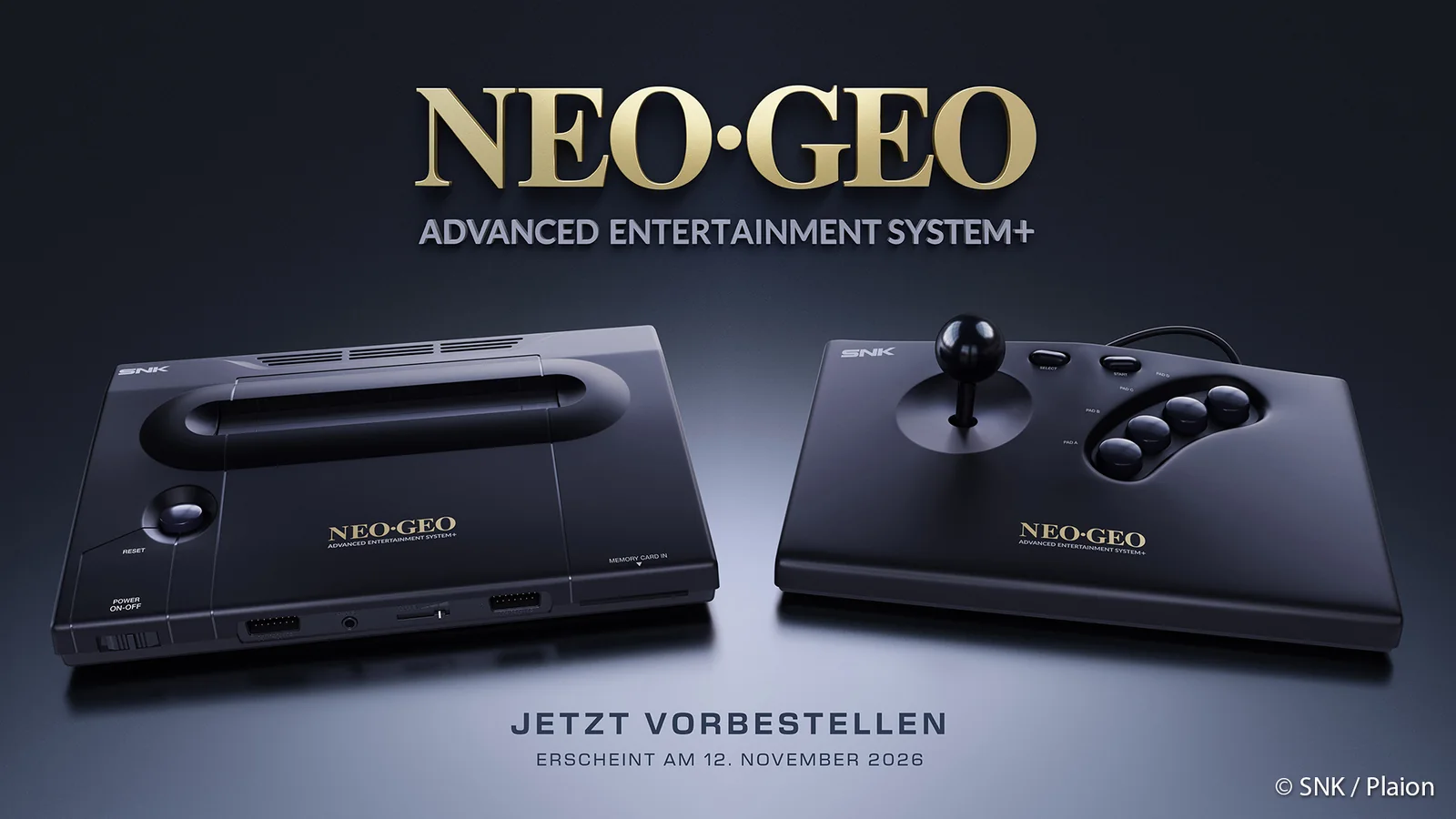 NeoGeo AES+ Ultimate Edition arranged with the console, two arcade controllers, wireless gamepad and cartridge rack