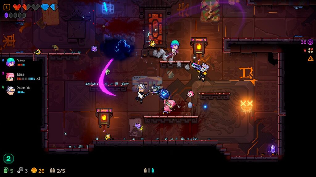 Official Neon Abyss 2 screenshot showing four-player co-op combat inside a neon-lit dungeon
