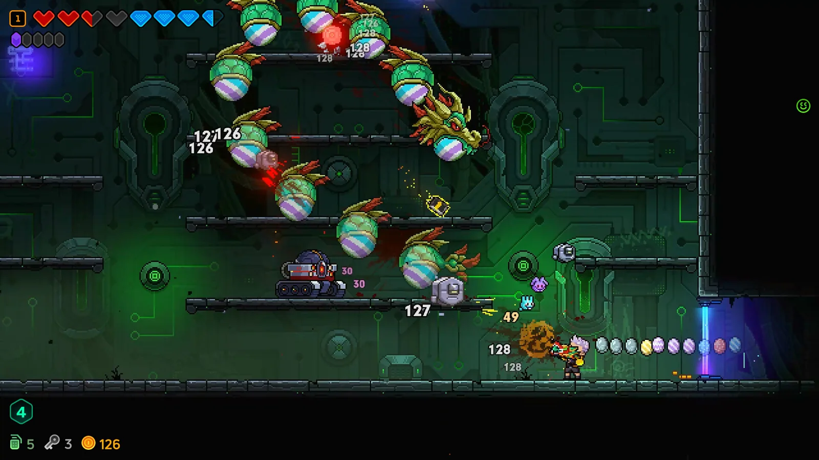 Official Neon Abyss 2 screenshot showing four-player co-op combat inside a neon-lit dungeon