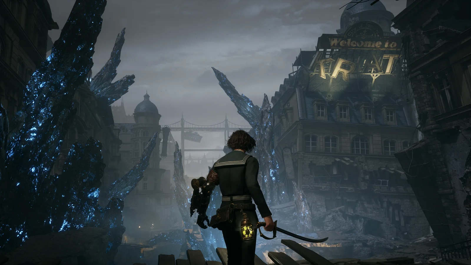 Official Lies of P screenshot showing P standing in a damaged section of Krat surrounded by blue crystalline growths
