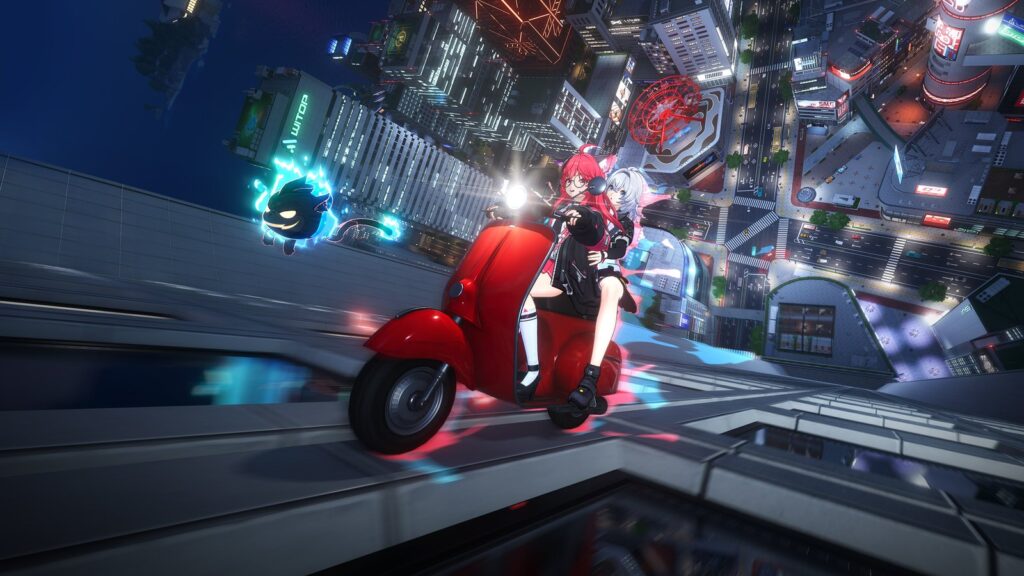 Neverness to Everness Version 1.4 Launches September 30 Official Neverness to Everness screenshot showing two characters riding a red scooter through Hethereau as the city