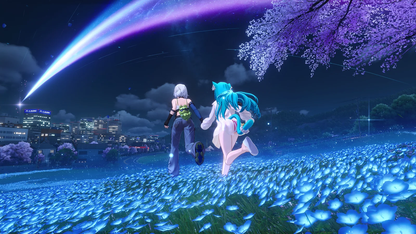 Official Neverness to Everness screenshot showing two characters running through a glowing blue field beneath a