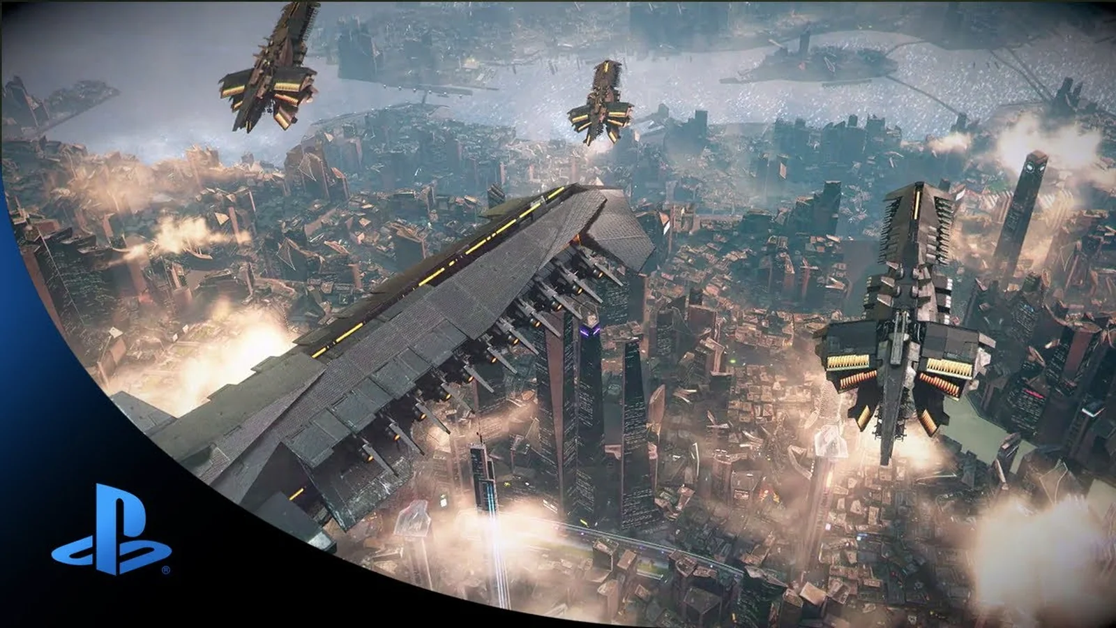 Official Killzone: Shadow Fall trailer image showing a large futuristic Vektan city with aircraft flying overhead