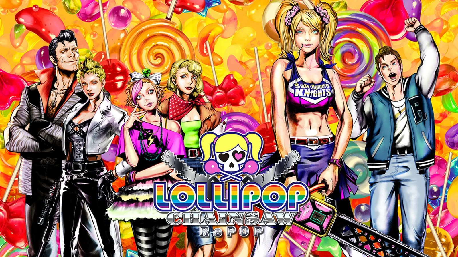 Official Lollipop Chainsaw RePOP main visual featuring Juliet Starling and other principal characters against a colorful
