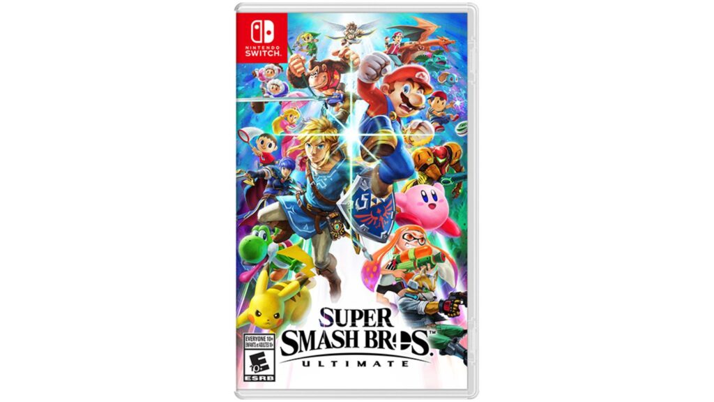 Official Super Smash Bros. Ultimate screenshot showing multiple Nintendo and third-party fighters battling on a stage