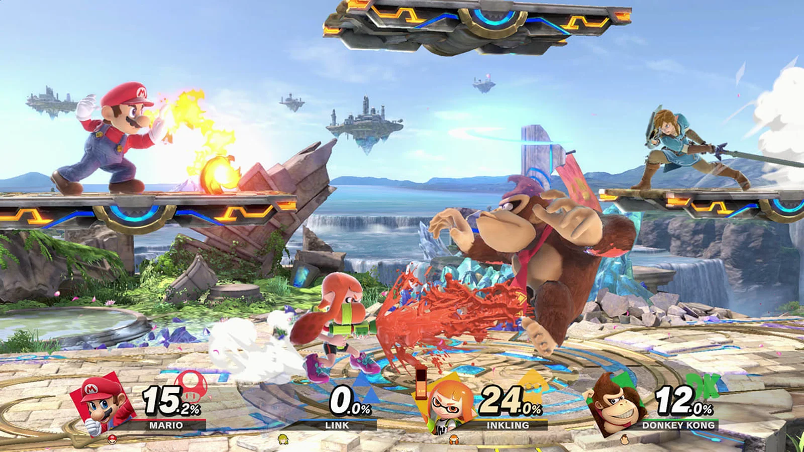 Official Super Smash Bros. Ultimate screenshot showing multiple Nintendo and third-party fighters battling on a stage