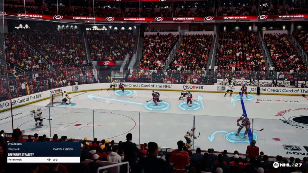NHL 27 Update 2 Tweaks Boarding and Charging Penalties NHL 27 gameplay showing players positioned in the defensive zone with on-ice strategy indicators