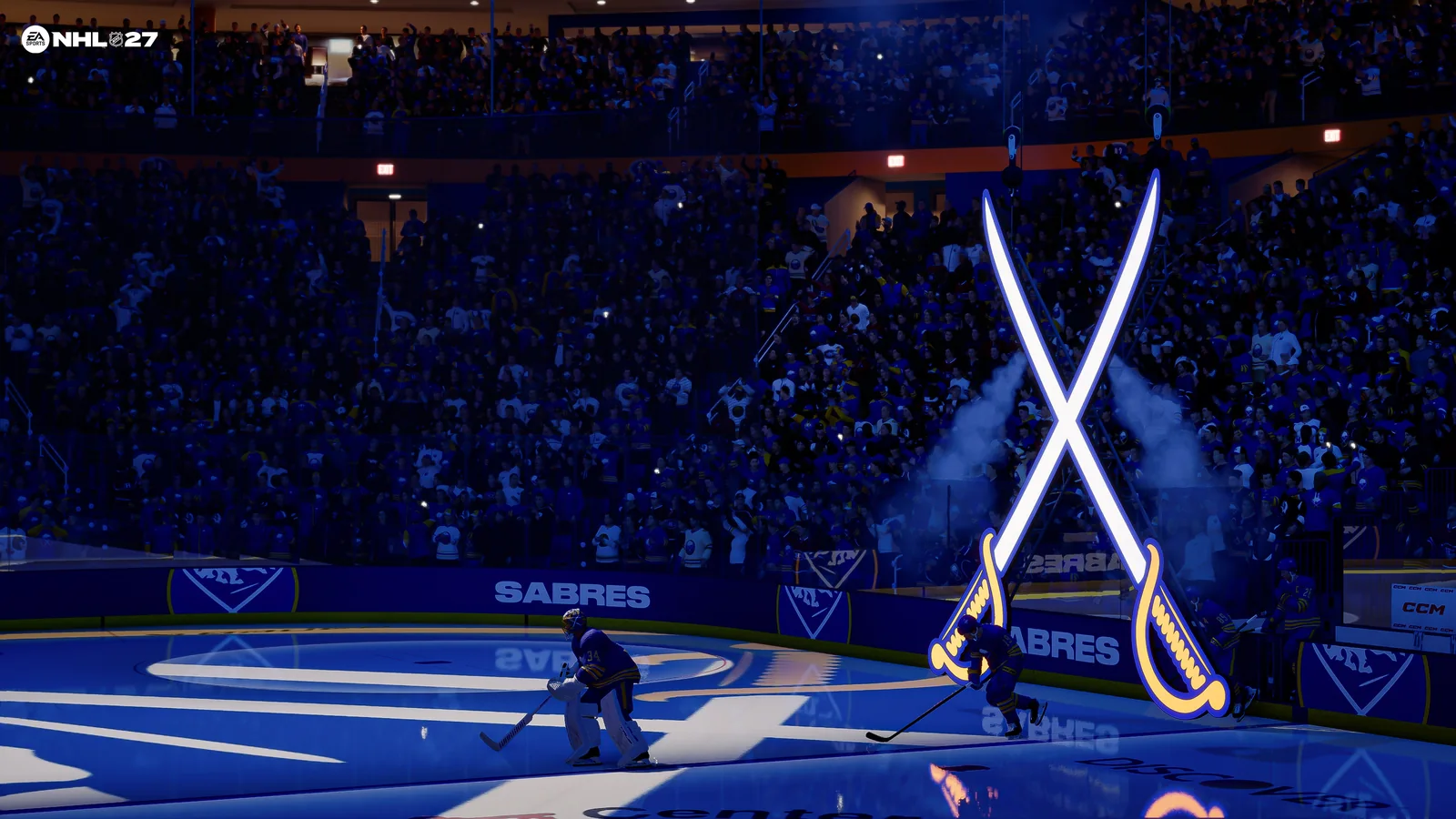 Buffalo Sabres players skating onto the ice during an NHL 27 arena presentation