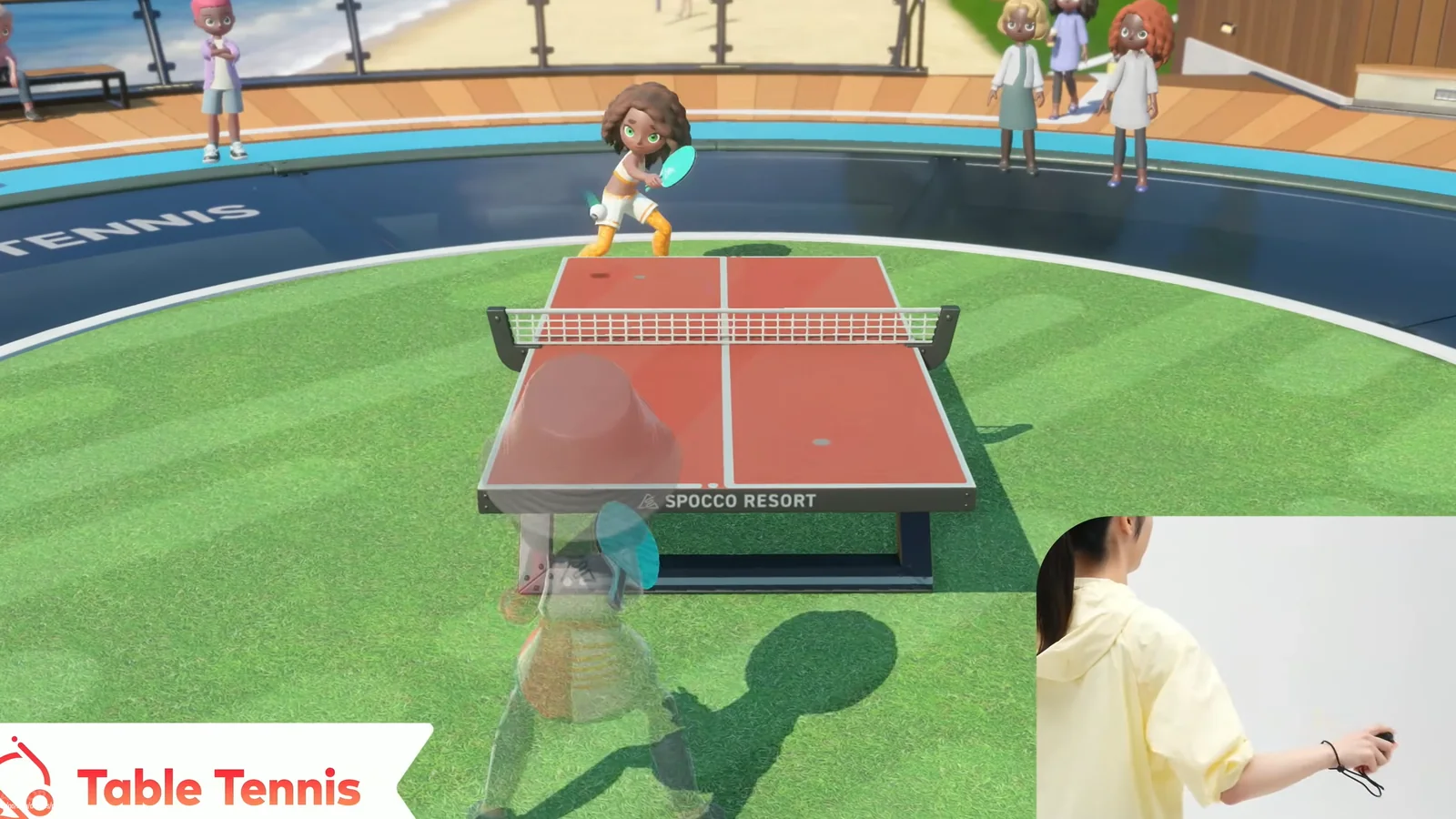 Nintendo Switch Sports Resort gameplay image showing a Sportsmate skateboarding across a grassy Wuhu Island hillside