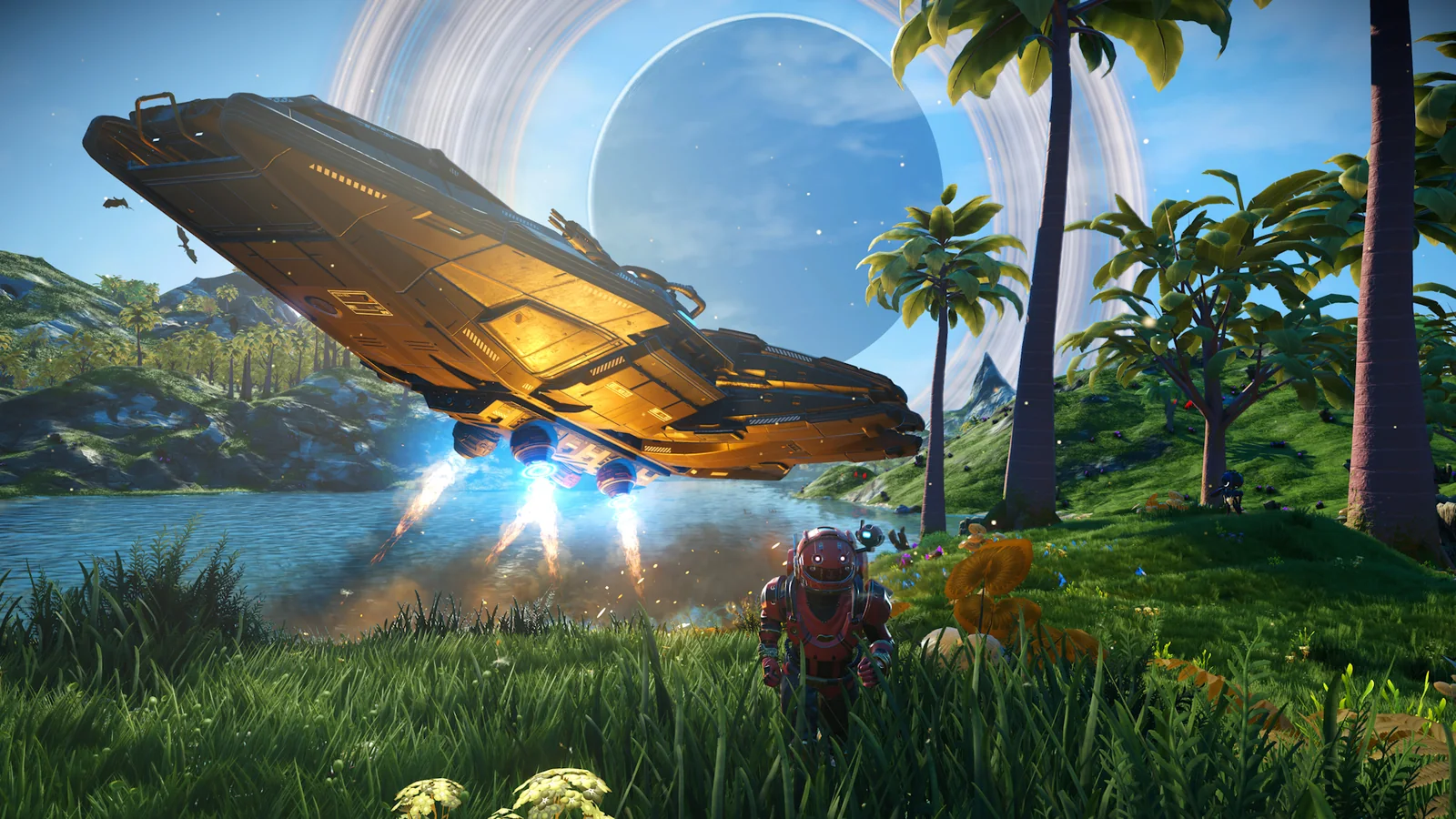 Official No Man’s Sky screenshot showing a large starship lifting off beside a Traveller on a lush alien world
