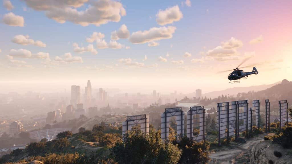 Official NoPixel V screenshot showing a helicopter flying above Los Santos at sunset