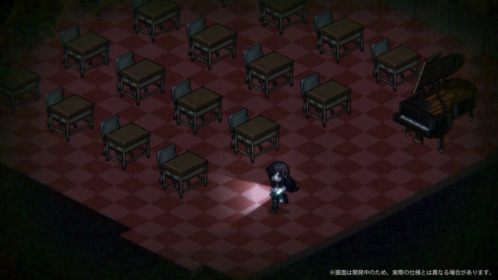 Official Noroi Ayashi gameplay screenshot showing Seira exploring a dark school music room with a flashlight